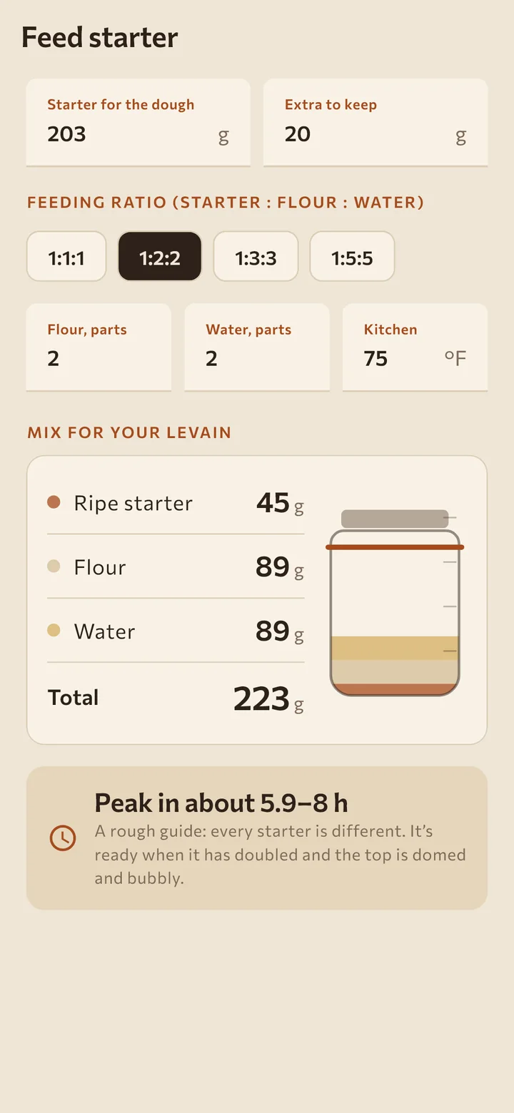 Starter feed at 1:2:2 with a jar showing the mix
