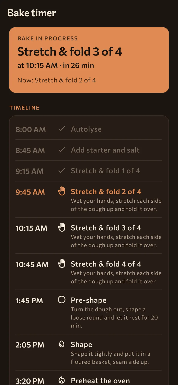 Bake timer in dark mode during stretch and folds